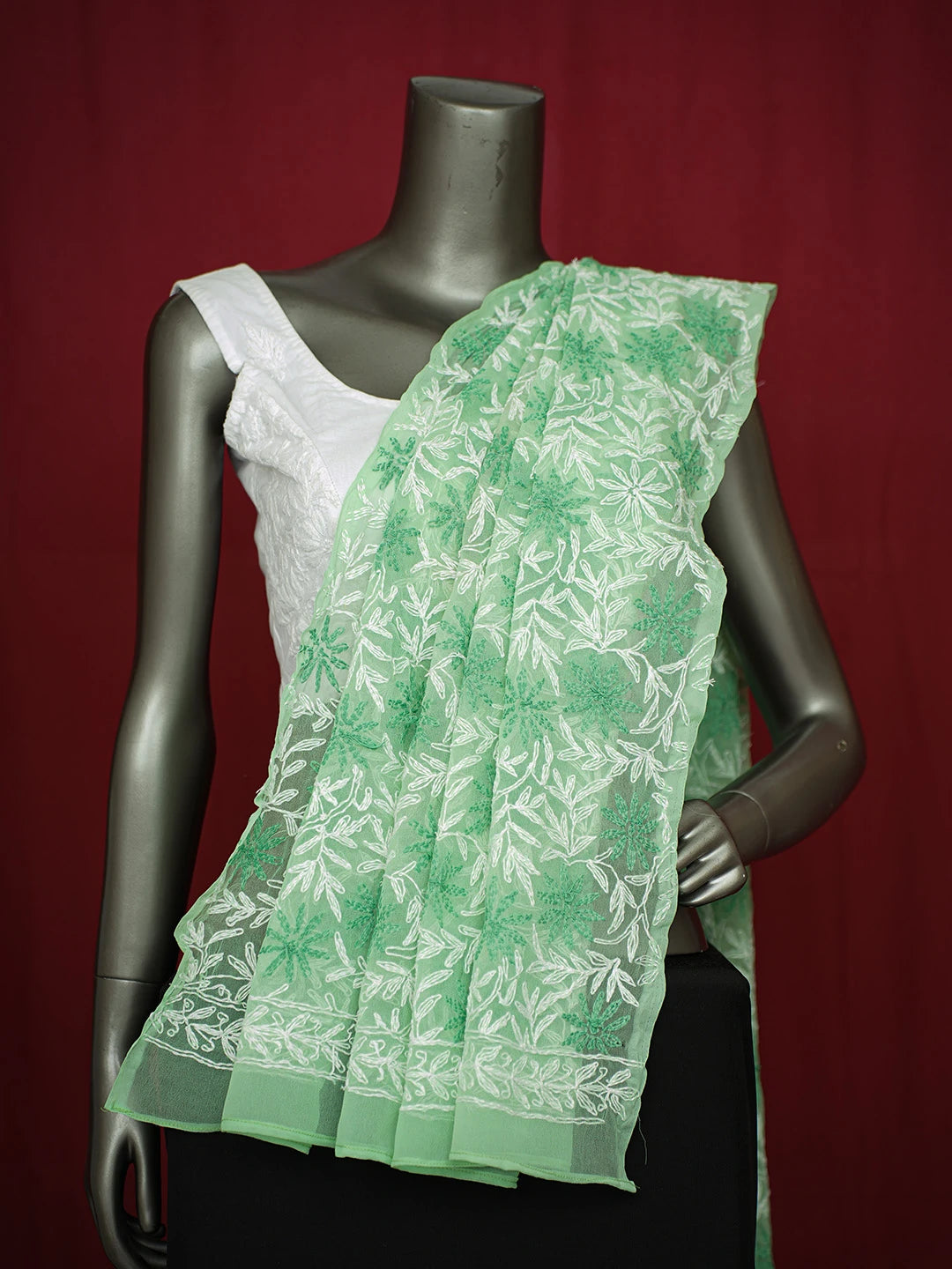 Ada Hand Embroidered Green Georgette Lucknowi Chikankari Dupatta 01A412741