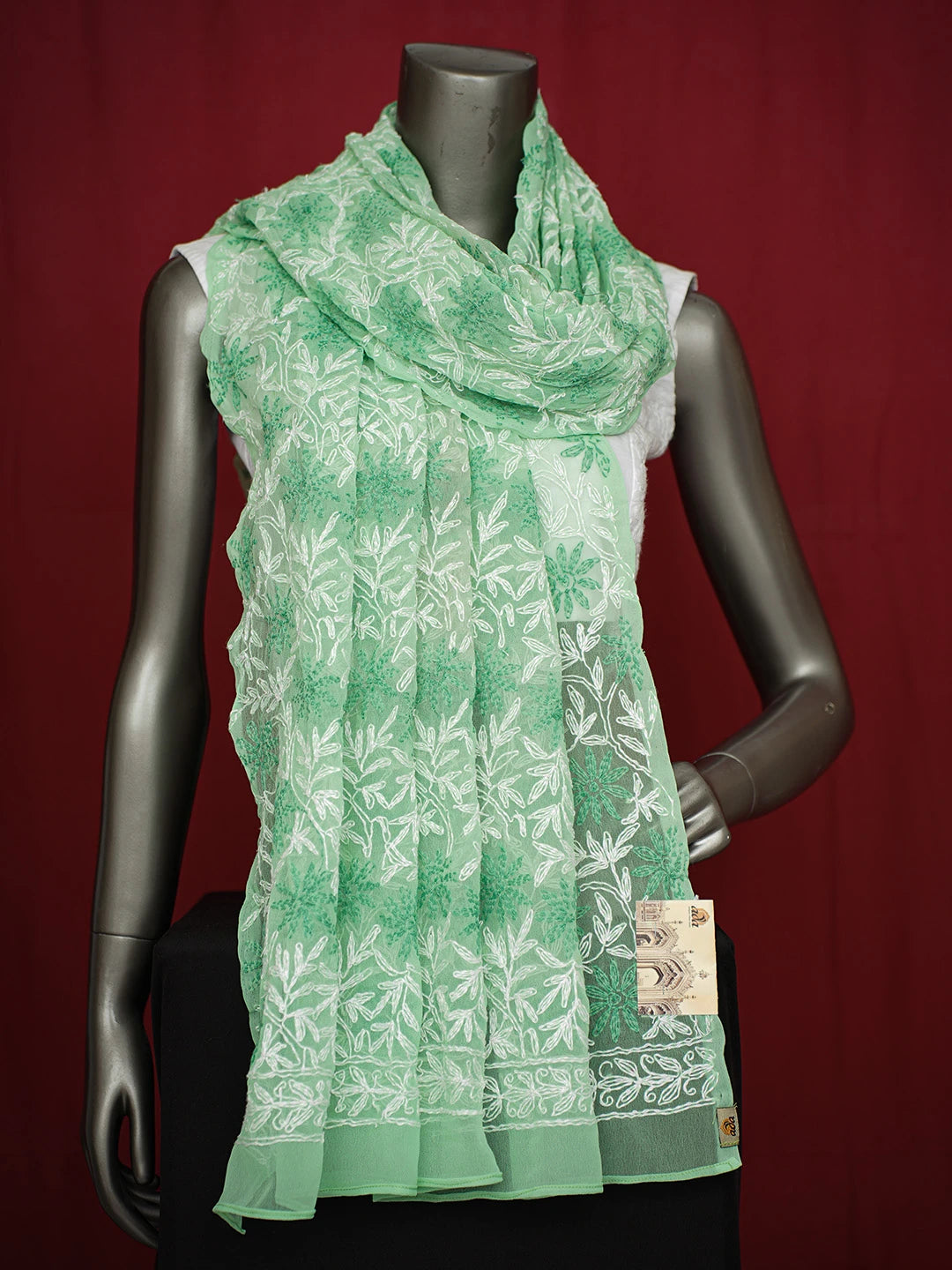 Ada Hand Embroidered Green Georgette Lucknowi Chikankari Dupatta 01A412741