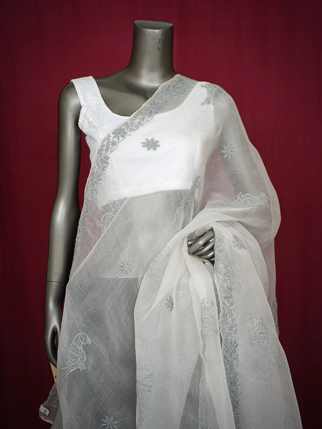Ada Hand Embroidered Platinum White Organza Lucknowi Chikankari Dupatta 01A729348