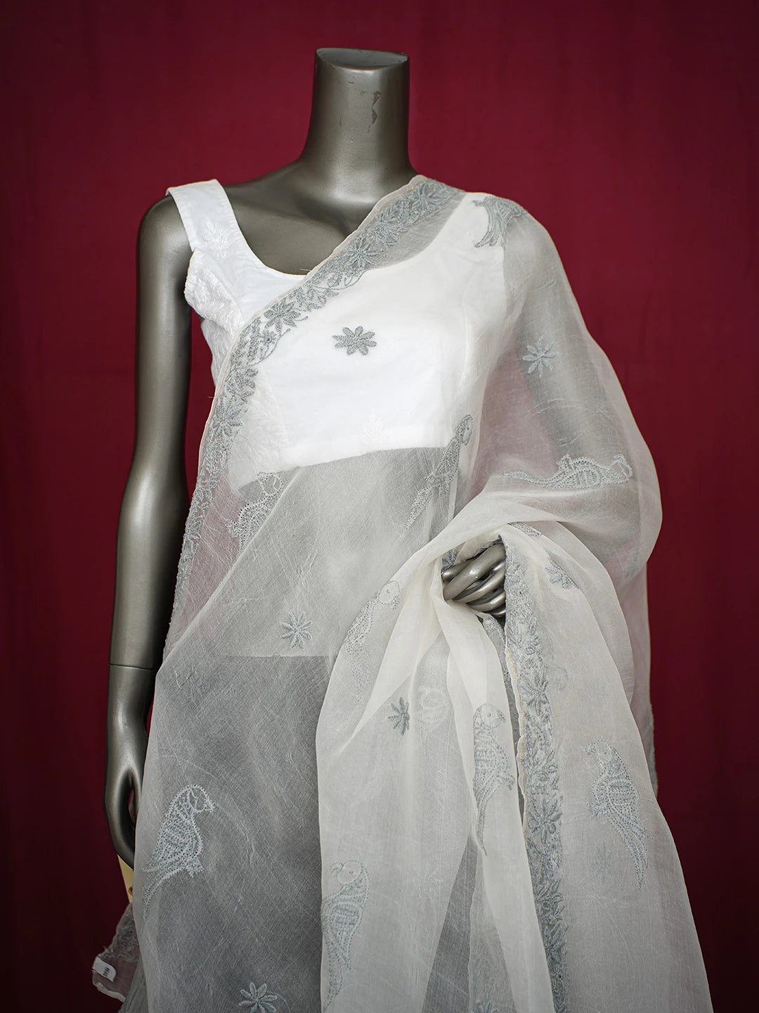 Ada Hand Embroidered Platinum White Organza Lucknowi Chikankari Dupatta 01A729348