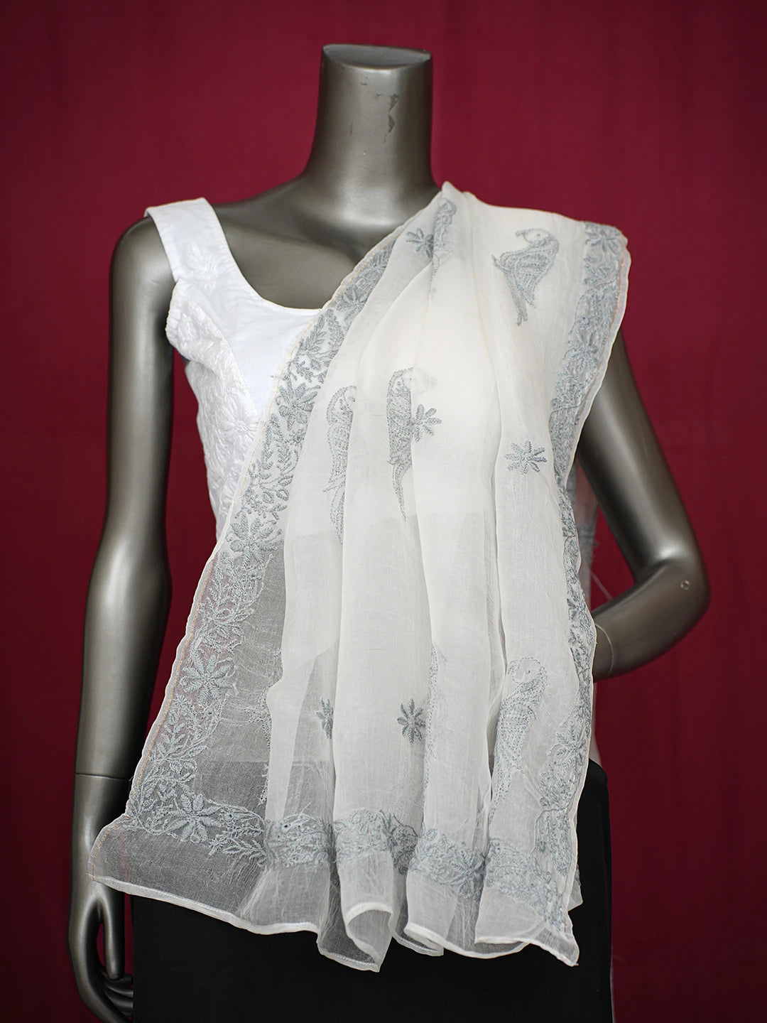 Ada Hand Embroidered Platinum White Organza Lucknowi Chikankari Dupatta 01A729348