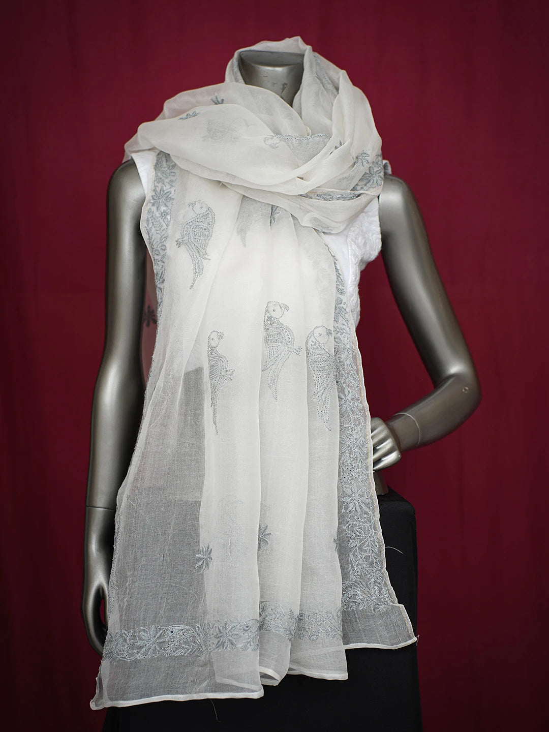Ada Hand Embroidered Platinum White Organza Lucknowi Chikankari Dupatta 01A729348