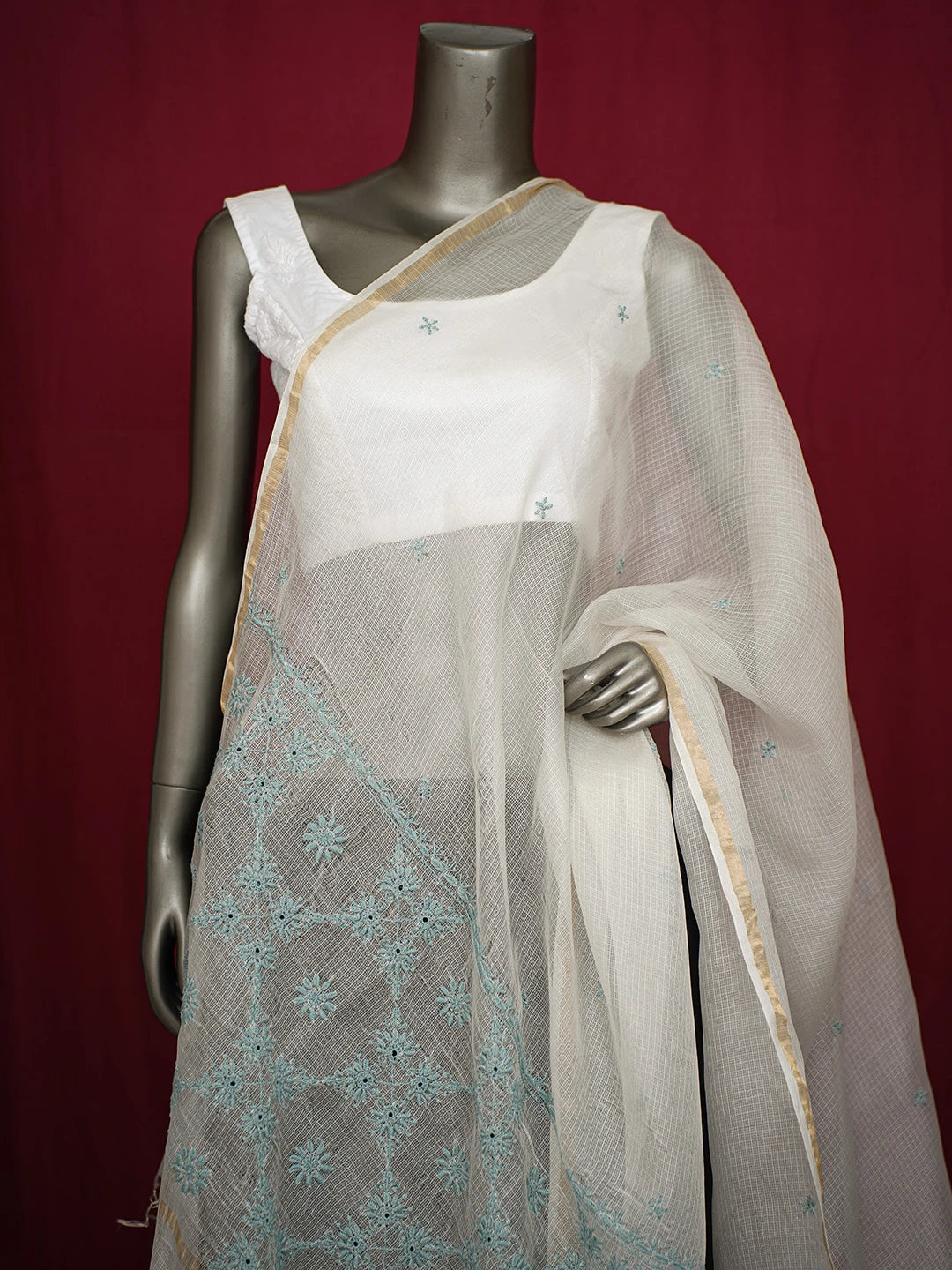 Ada Hand Embroidered Eggshell White Kota Silk Lucknowi Chikankari Dupatta 01A729370