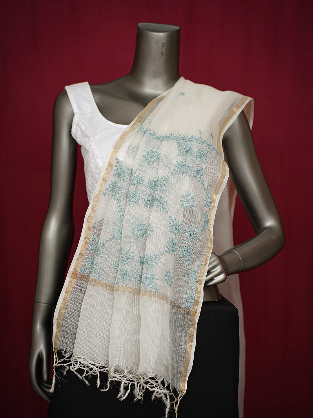 Ada Hand Embroidered Eggshell White Kota Silk Lucknowi Chikankari Dupatta 01A729370