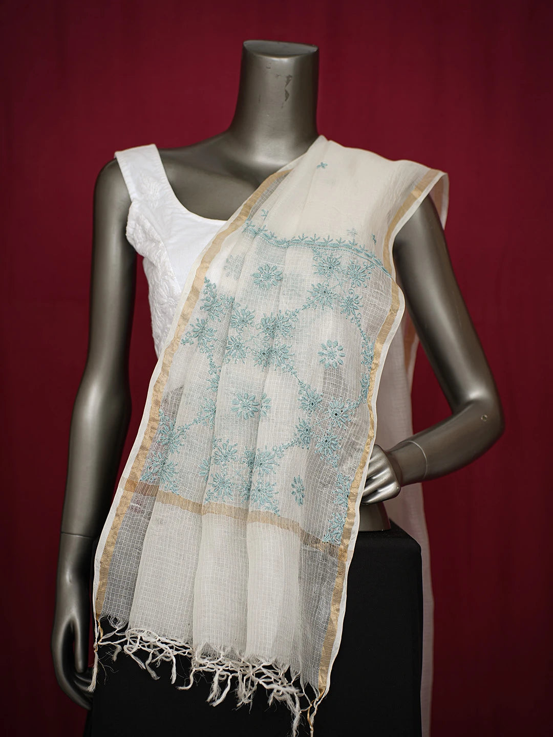 Ada Hand Embroidered Eggshell White Kota Silk Lucknowi Chikankari Dupatta 01A729370