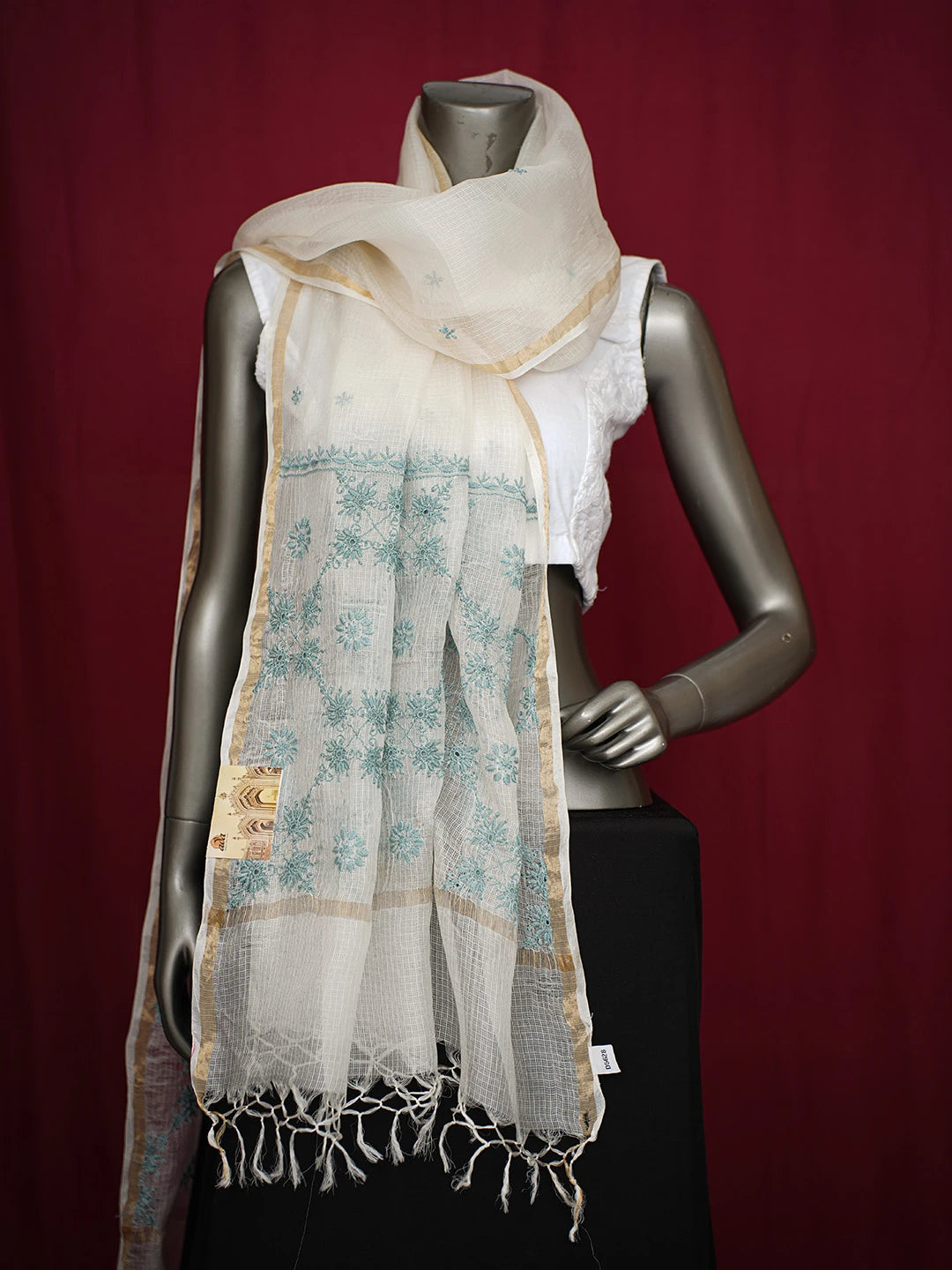 Ada Hand Embroidered Eggshell White Kota Silk Lucknowi Chikankari Dupatta 01A729370