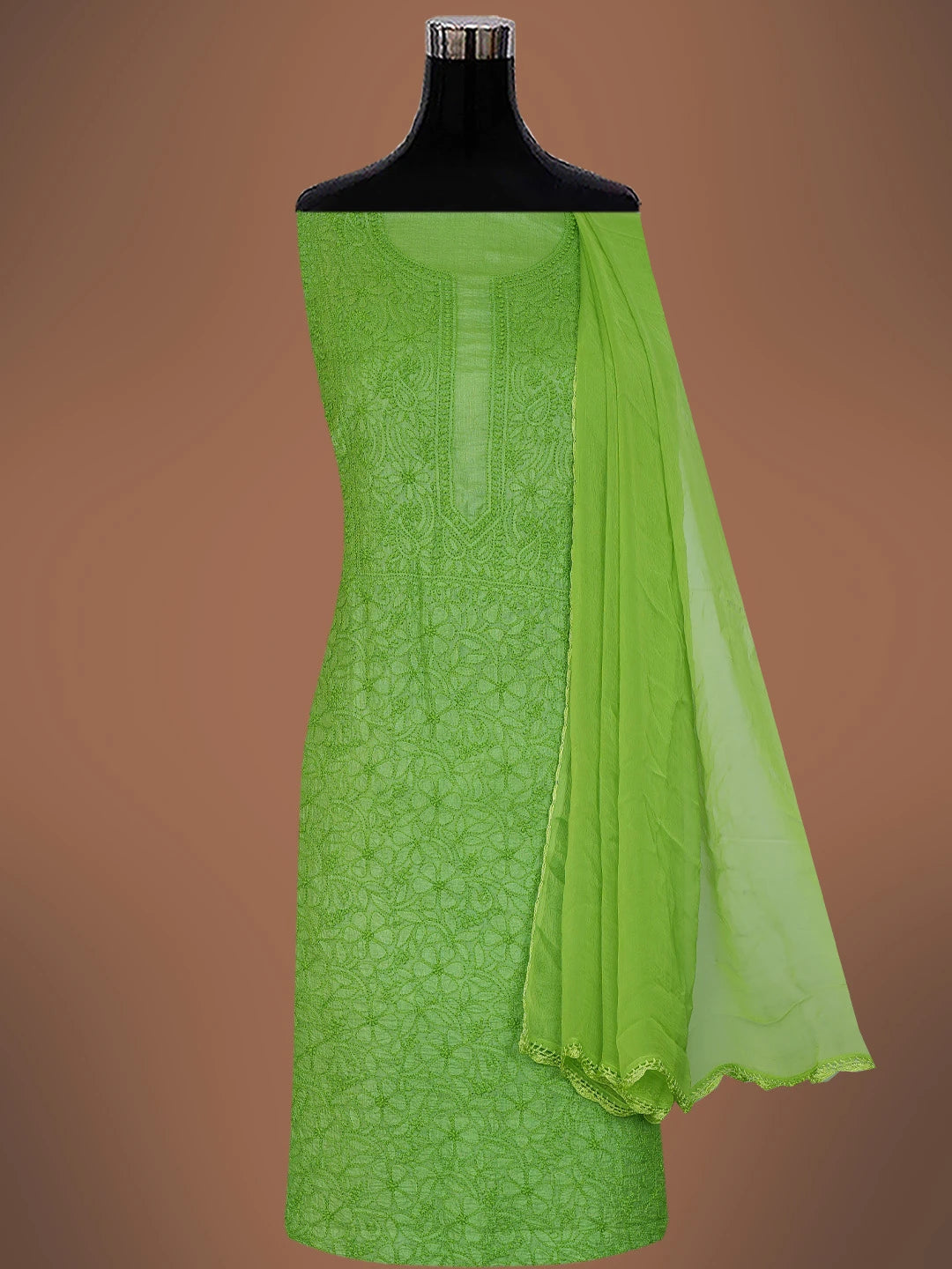 Ada Hand Embroidered Avocado Green Silk Lucknowi Chikankari Unstitched Suit Piece 01A186648
