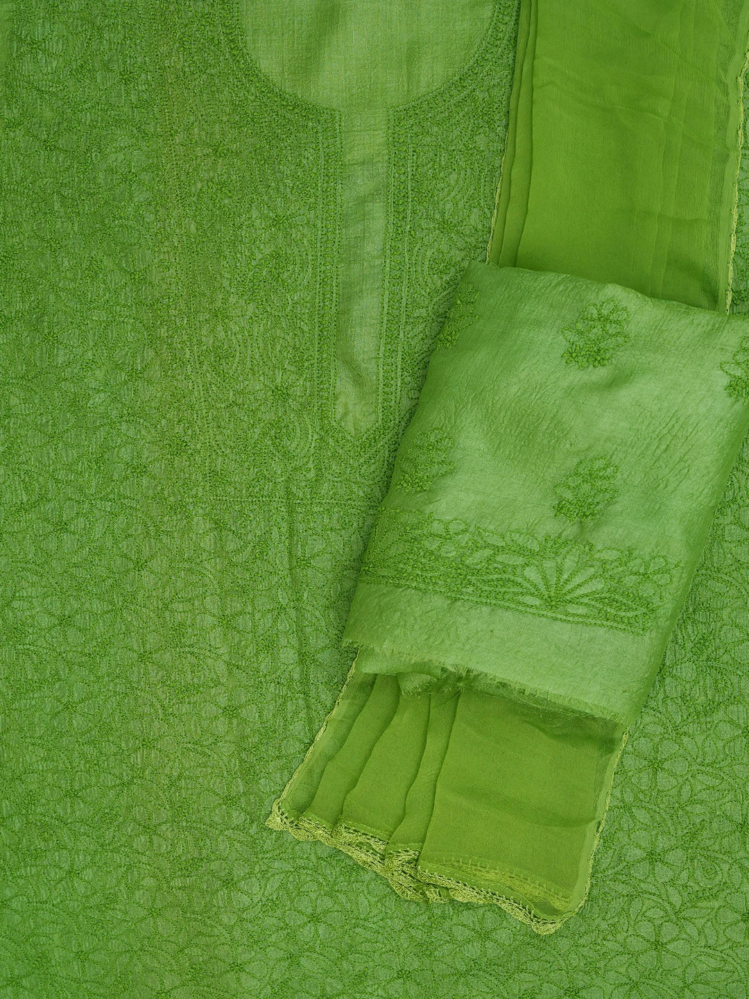 Ada Hand Embroidered Avocado Green Silk Lucknowi Chikankari Unstitched Suit Piece 01A186648