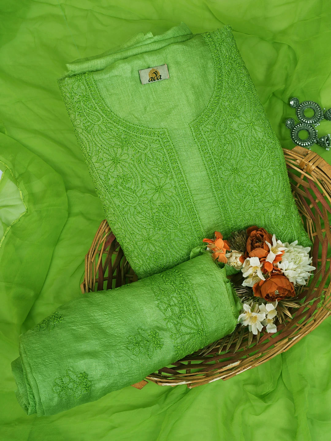 Ada Hand Embroidered Avocado Green Silk Lucknowi Chikankari Unstitched Suit Piece 01A186648