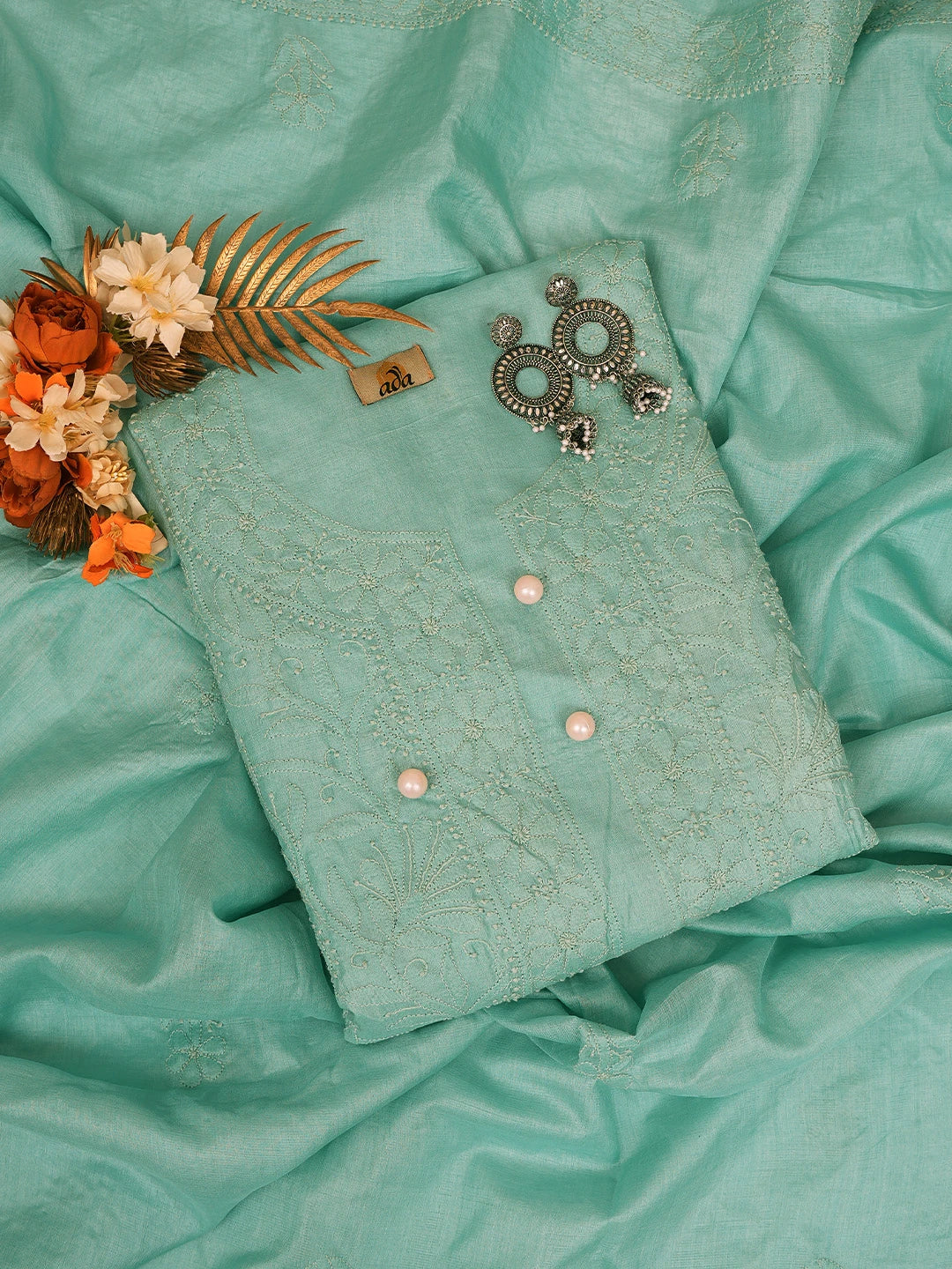 Ada Hand Embroidered Light Blue Silk Lucknowi Chikankari Unstitched Kurta Dupatta Set 01A729199