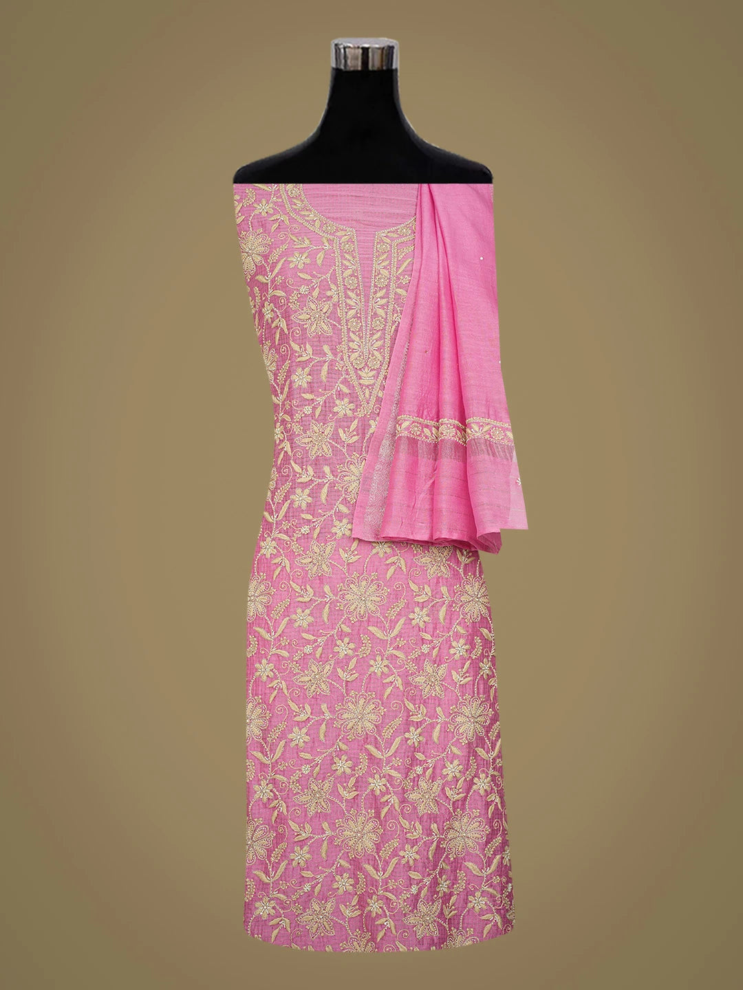 Ada Hand Embroidered Onion Pink Chanderi Lucknowi Chikankari Unstitched Kurta Dupatta Set With Zari Work 01A698630