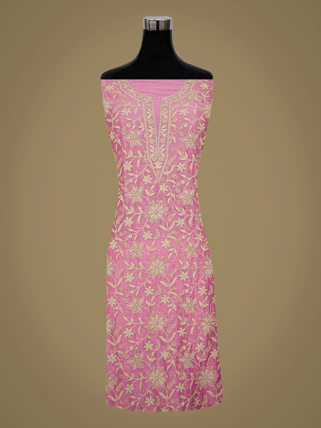 Ada Hand Embroidered Onion Pink Chanderi Lucknowi Chikankari Unstitched Kurta Dupatta Set With Zari Work 01A698630