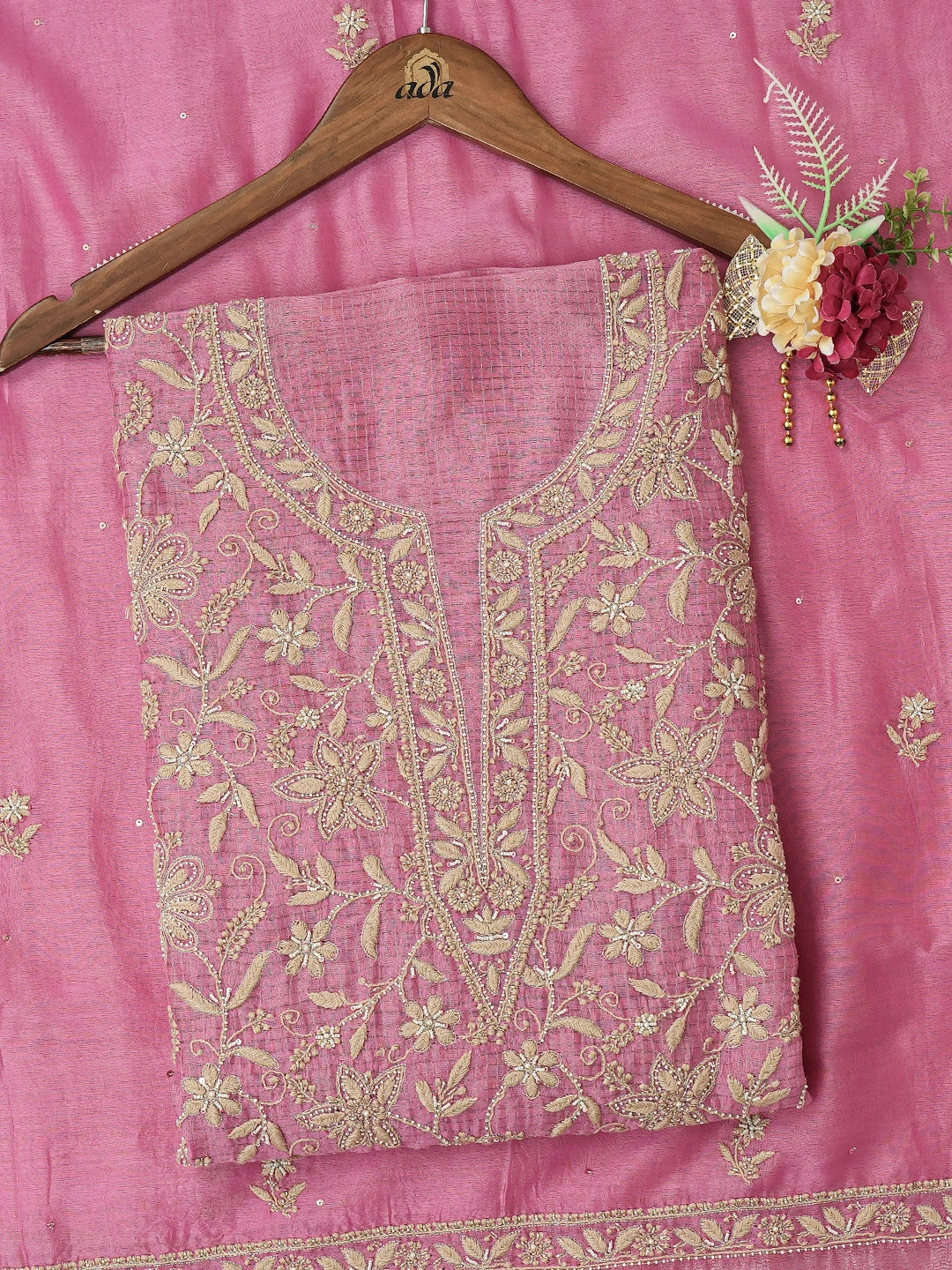 Ada Hand Embroidered Onion Pink Chanderi Lucknowi Chikankari Unstitched Kurta Dupatta Set With Zari Work 01A698630