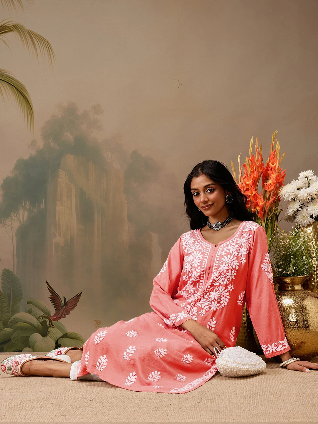 Ada Hand Embroidered Peach Rayon Lucknowi Chikankari Straight Kurta A411727