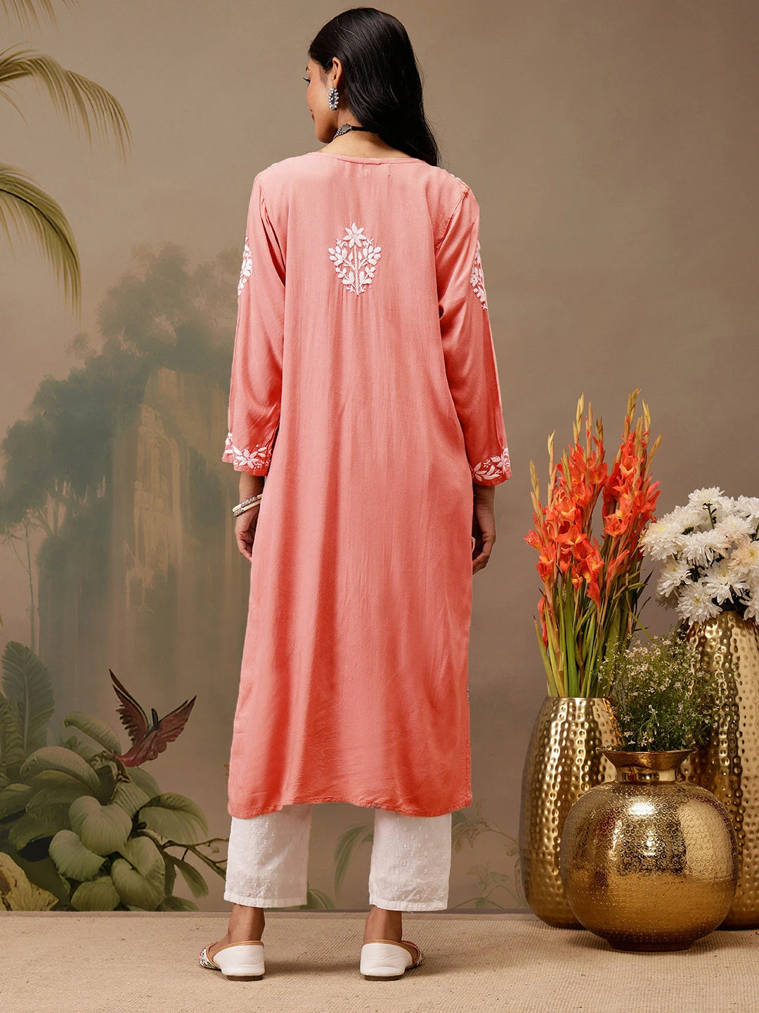 Ada Hand Embroidered Peach Rayon Lucknowi Chikankari Straight Kurta A411727