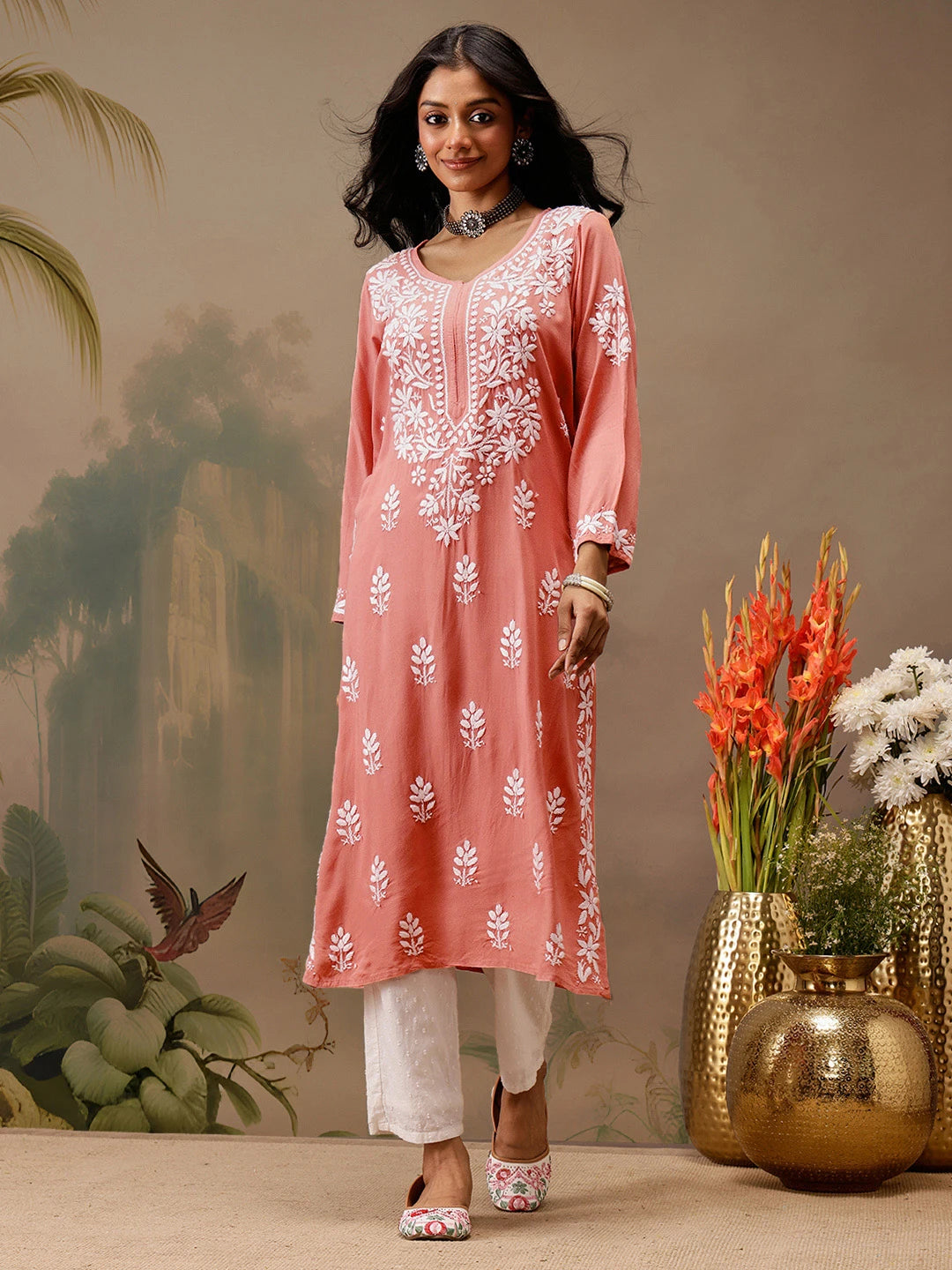 Ada Hand Embroidered Peach Rayon Lucknowi Chikankari Straight Kurta A411727
