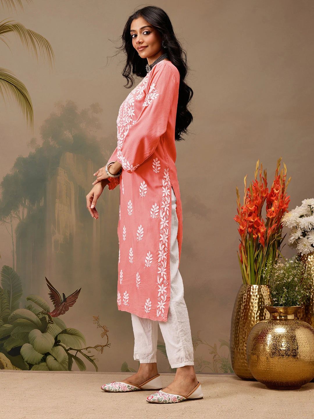 Ada Hand Embroidered Peach Rayon Lucknowi Chikankari Straight Kurta A411727