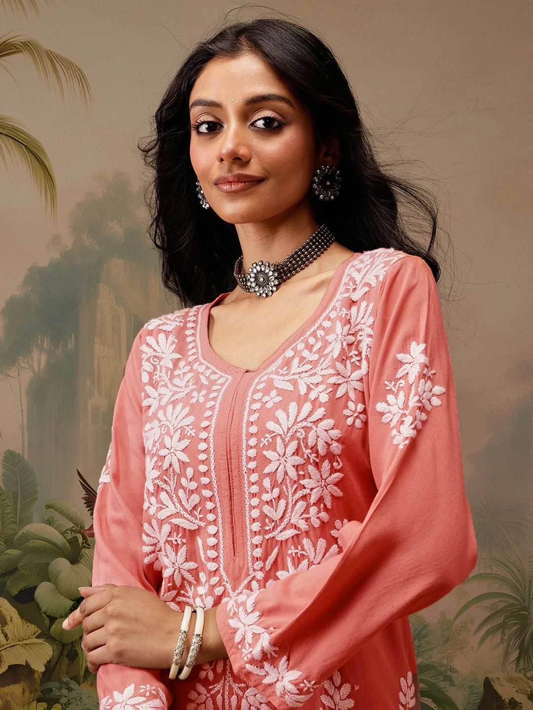 Ada Hand Embroidered Peach Rayon Lucknowi Chikankari Straight Kurta A411727