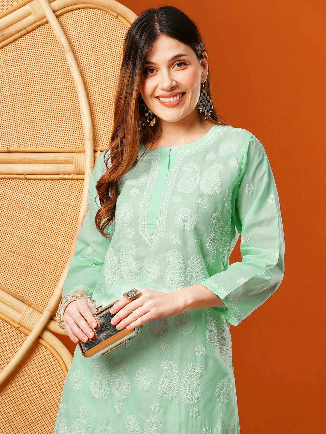 Ada Hand Embroidered Sea Green Cotton Lucknowi Chikankari Straight Kurta A411618