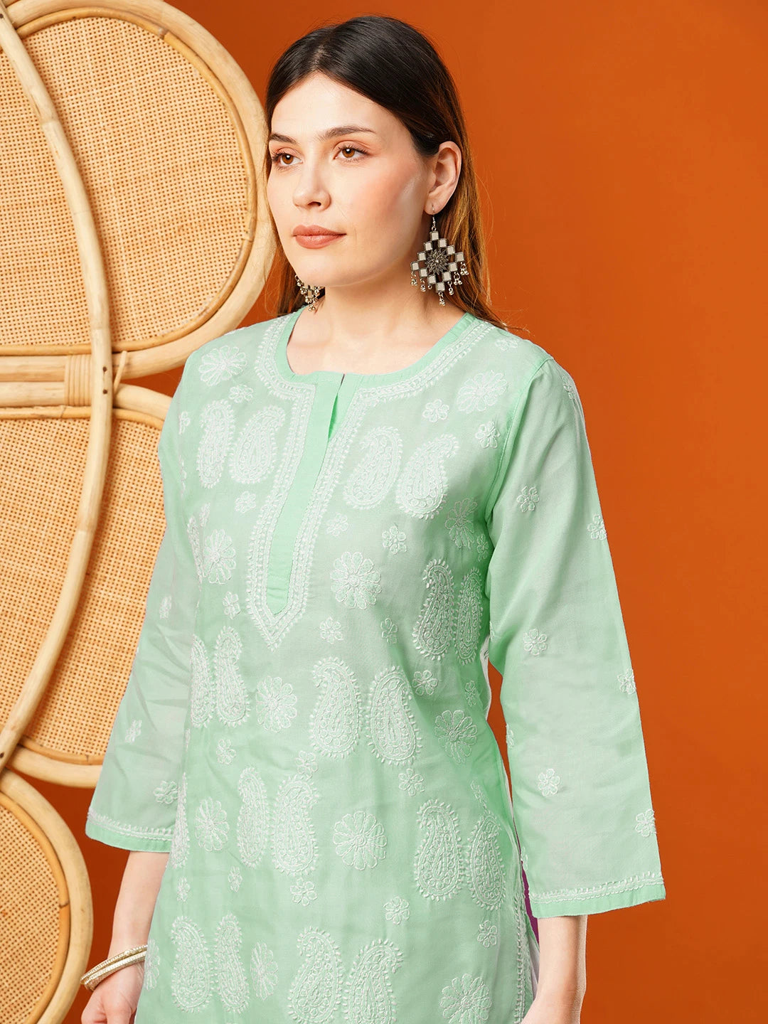 Ada Hand Embroidered Sea Green Cotton Lucknowi Chikankari Straight Kurta A411618