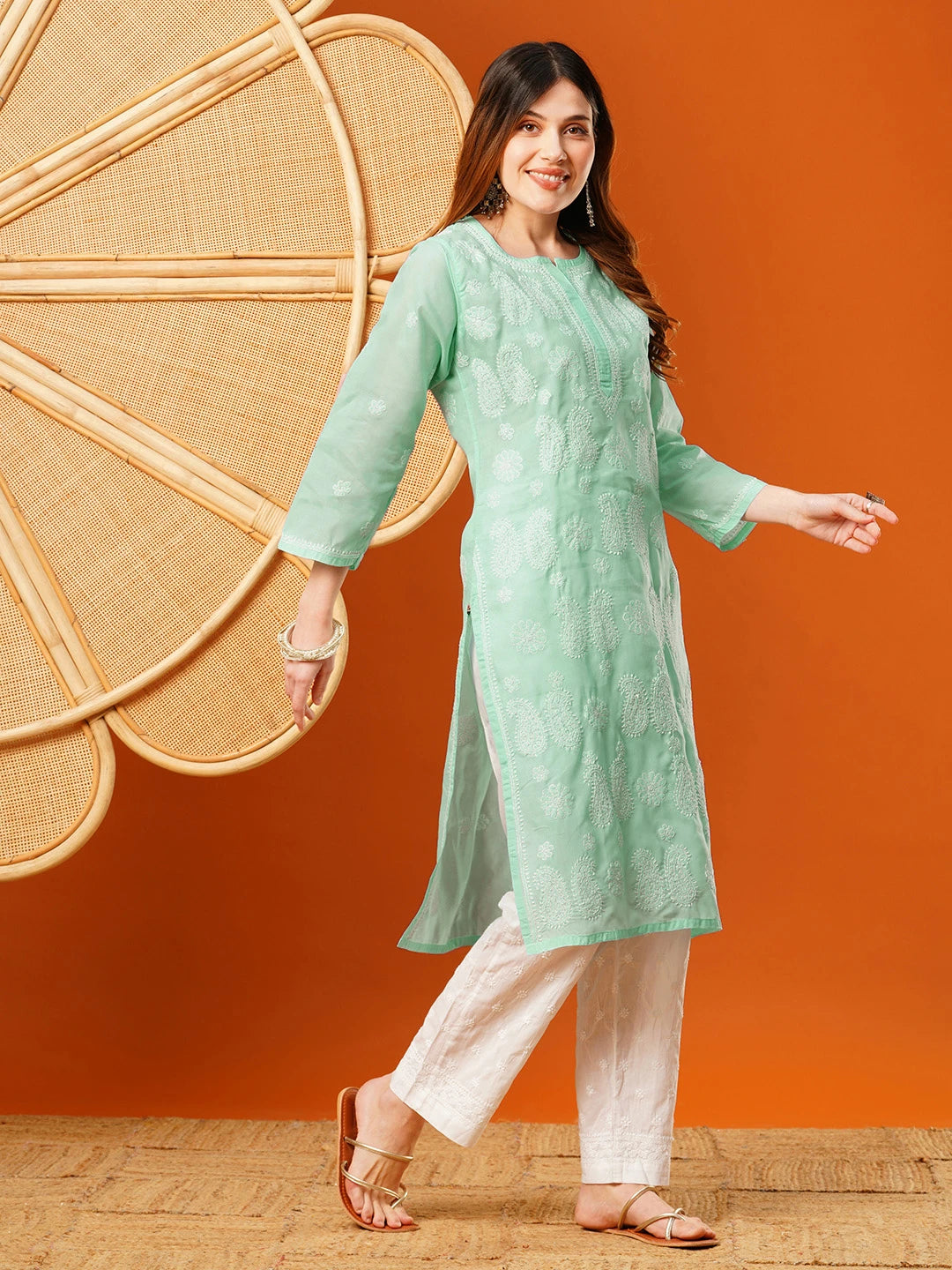Ada Hand Embroidered Sea Green Cotton Lucknowi Chikankari Straight Kurta A411618