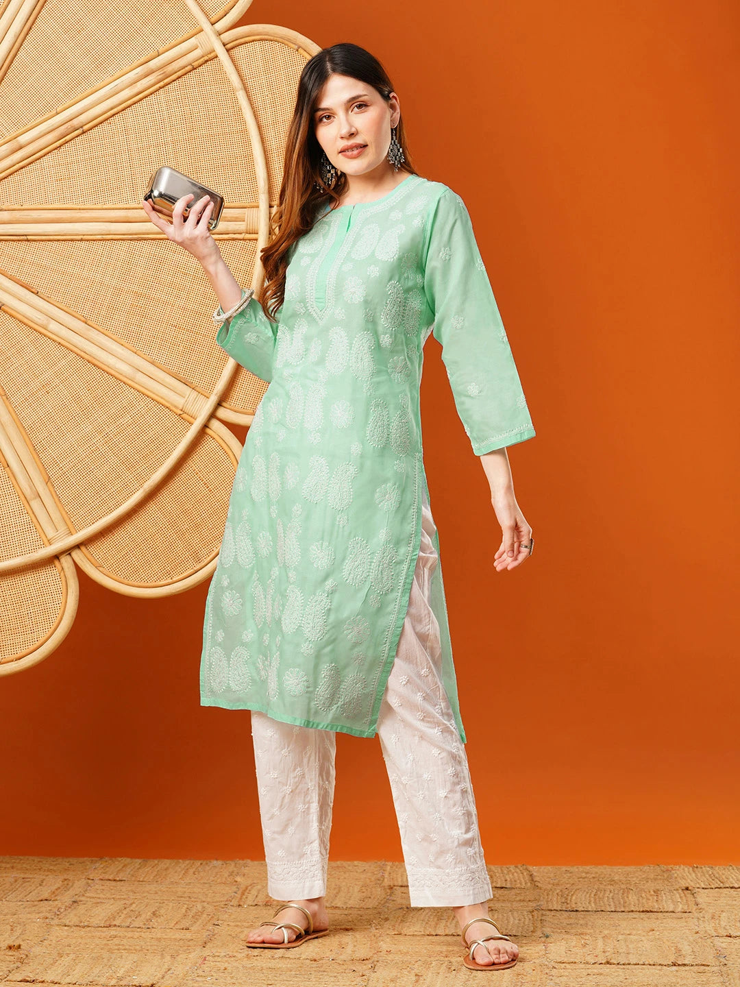 Ada Hand Embroidered Sea Green Cotton Lucknowi Chikankari Straight Kurta A411618