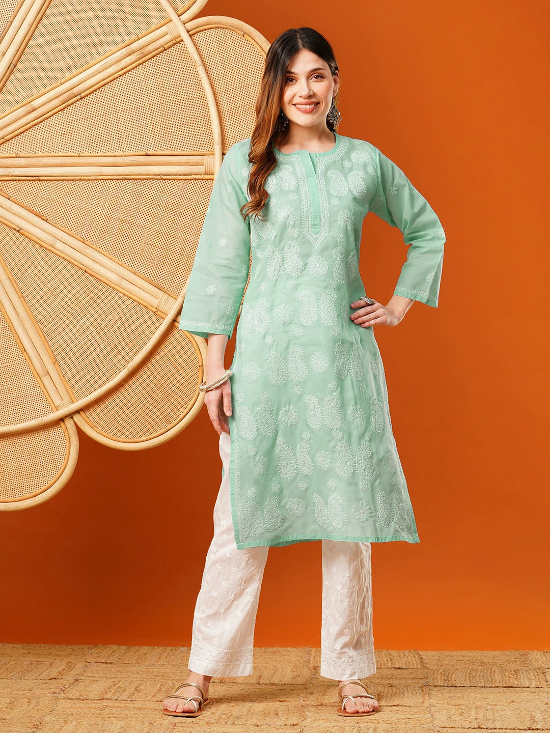Ada Hand Embroidered Sea Green Cotton Lucknowi Chikankari Straight Kurta A411618