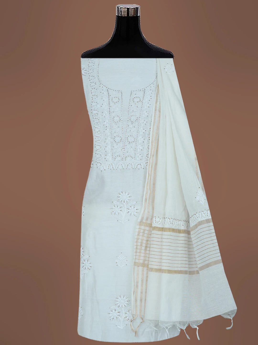 Ada Hand Embroidered White Chanderi Lucknowi Chikankari Unstitched Suit Piece With Muqaish Work 01A392273