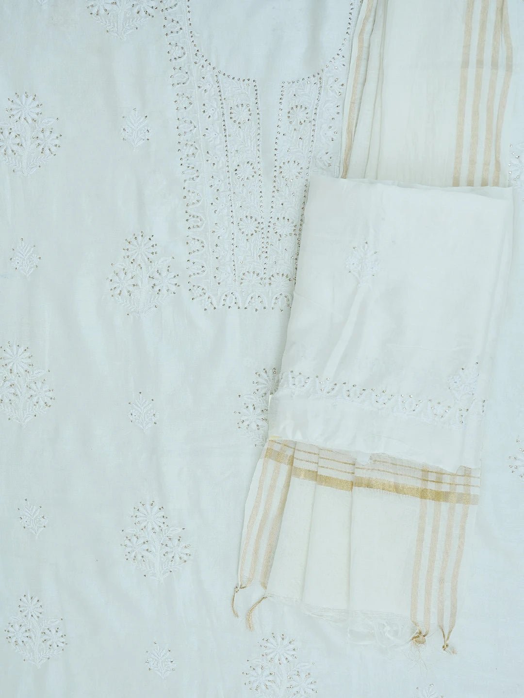 Ada Hand Embroidered White Chanderi Lucknowi Chikankari Unstitched Suit Piece With Muqaish Work 01A392273