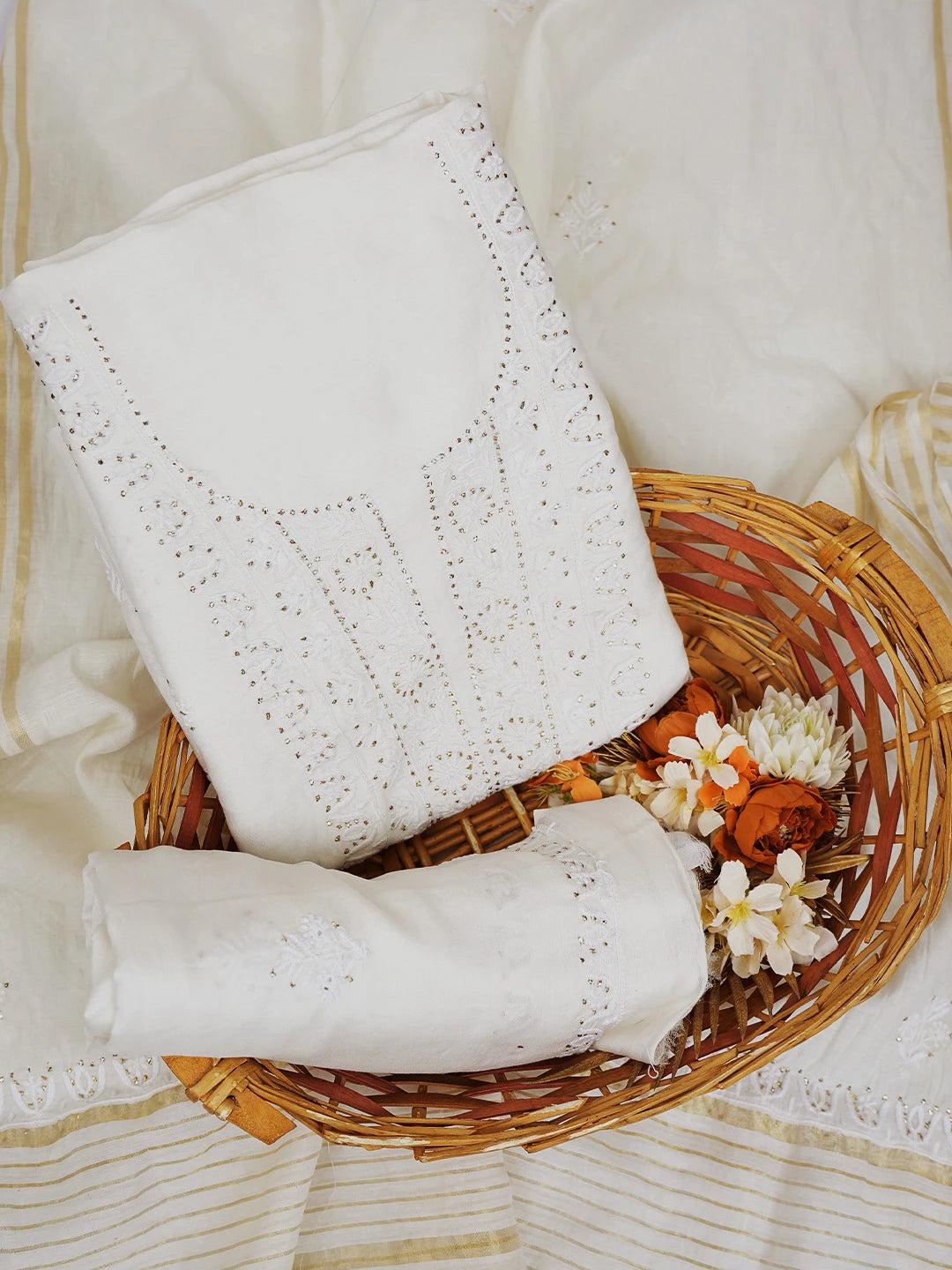 Ada Hand Embroidered White Chanderi Lucknowi Chikankari Unstitched Suit Piece With Muqaish Work 01A392273
