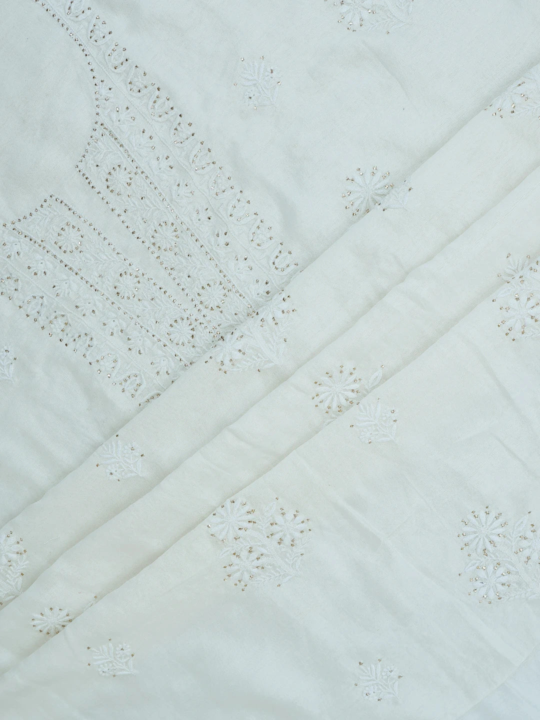 Ada Hand Embroidered White Chanderi Lucknowi Chikankari Unstitched Suit Piece With Muqaish Work 01A392273