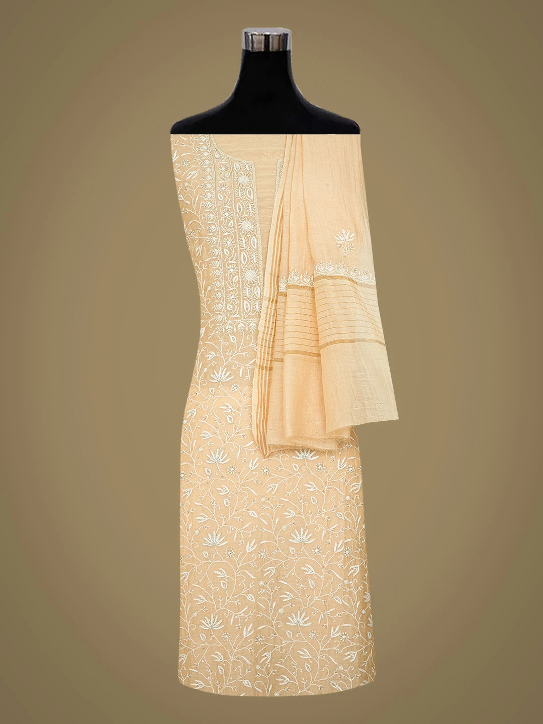 Ada Hand Embroidered Light Peach Chanderi Lucknowi Chikankari Unstitched Kurta Dupatta Set With Sequins Work 01A705064