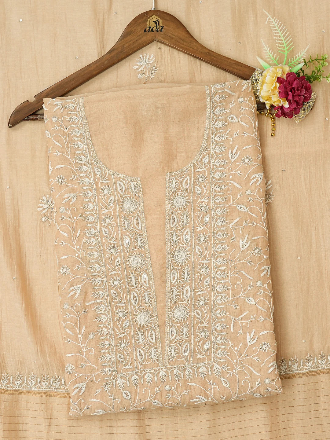 Ada Hand Embroidered Light Peach Chanderi Lucknowi Chikankari Unstitched Kurta Dupatta Set With Sequins Work 01A705064