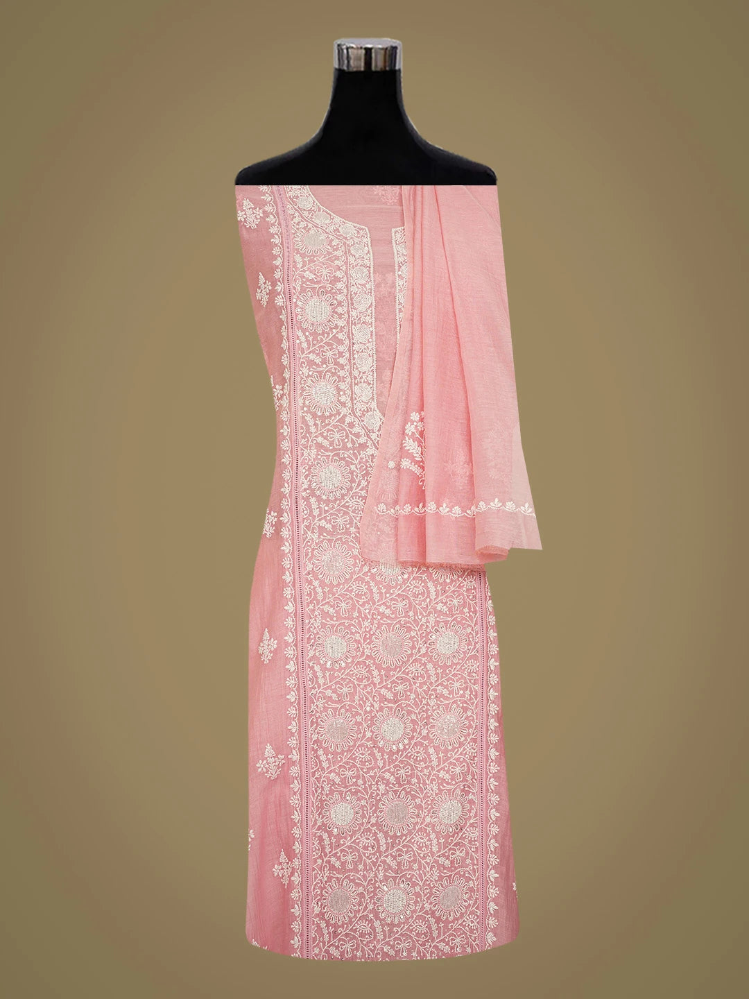 Ada Hand Embroidered Georgia Peach Chanderi Lucknowi Chikankari Semi-Stitched Kurta Dupatta Set With Pearl Work 01A722373