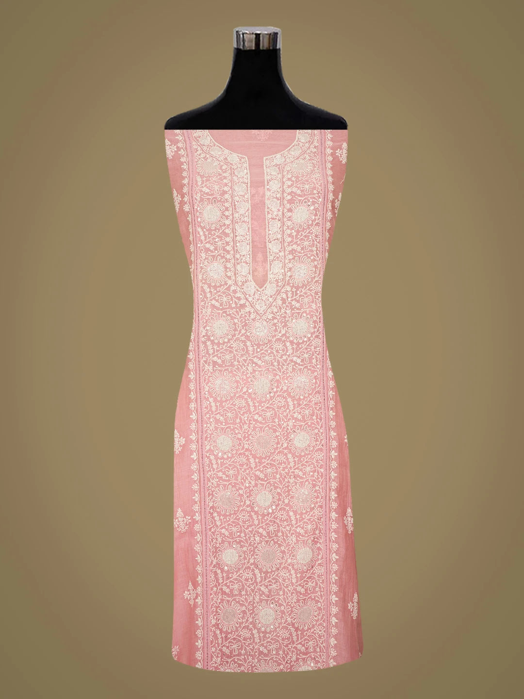 Ada Hand Embroidered Georgia Peach Chanderi Lucknowi Chikankari Semi-Stitched Kurta Dupatta Set With Pearl Work 01A722373