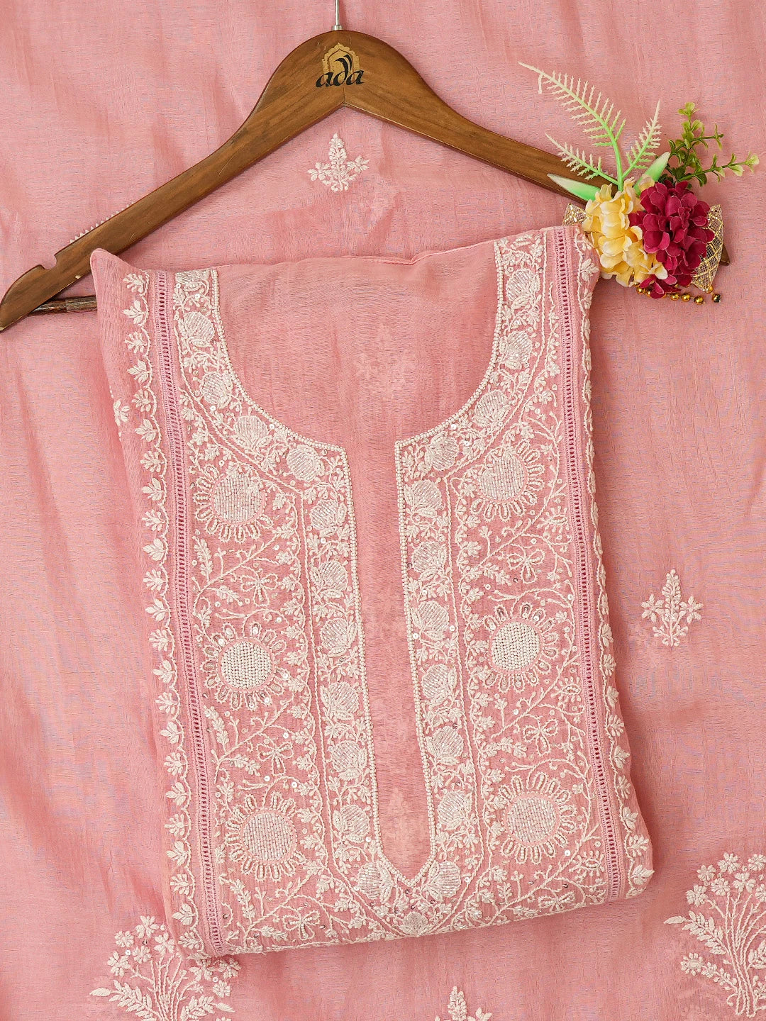 Ada Hand Embroidered Georgia Peach Chanderi Lucknowi Chikankari Semi-Stitched Kurta Dupatta Set With Pearl Work 01A722373