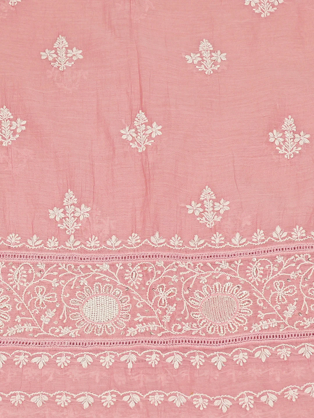 Ada Hand Embroidered Georgia Peach Chanderi Lucknowi Chikankari Semi-Stitched Kurta Dupatta Set With Pearl Work 01A722373