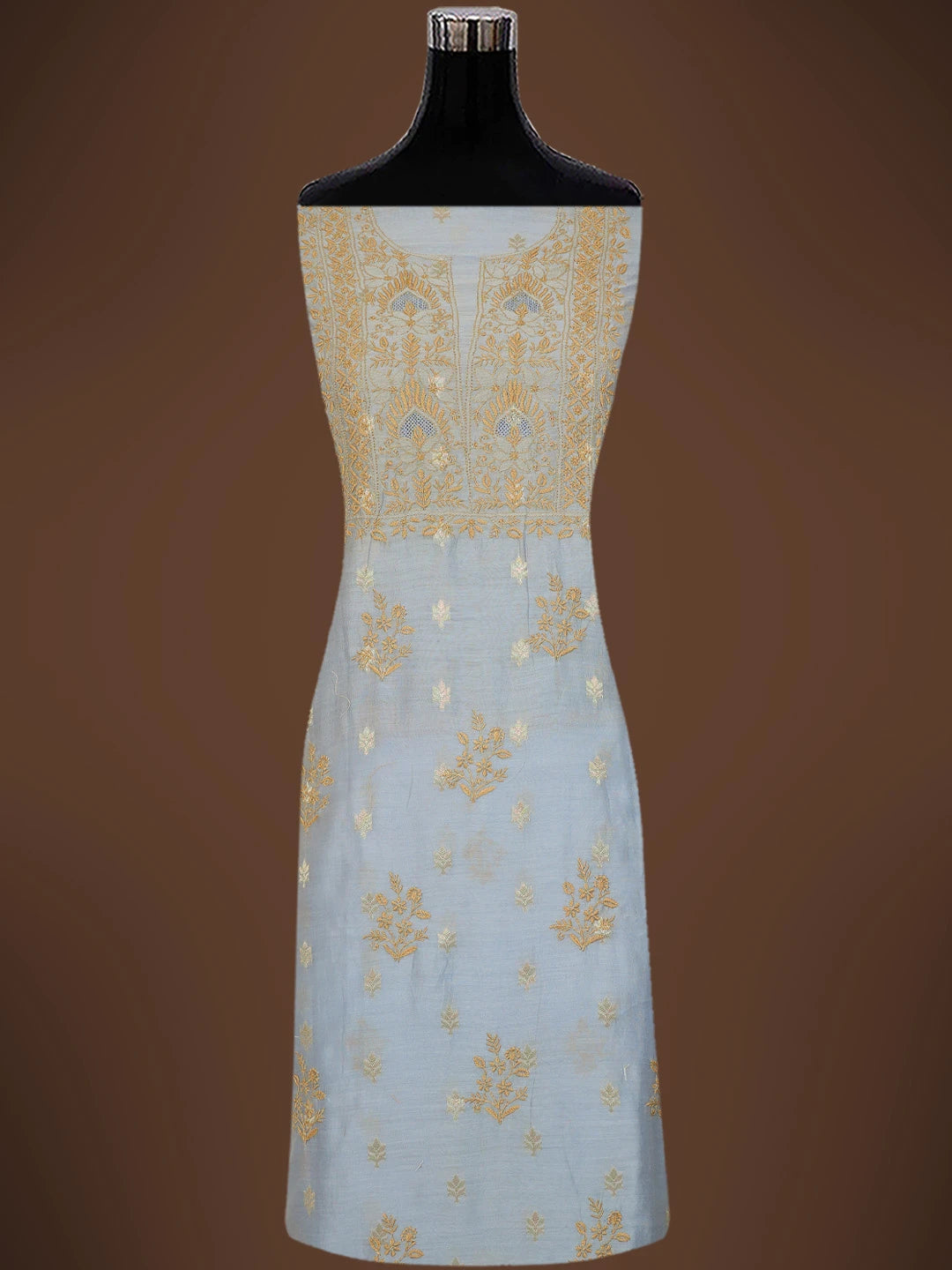 Ada Hand Embroidered Vista Blue Chanderi Lucknowi Chikankari Unstitched Kurta Dupatta Set 01A729066