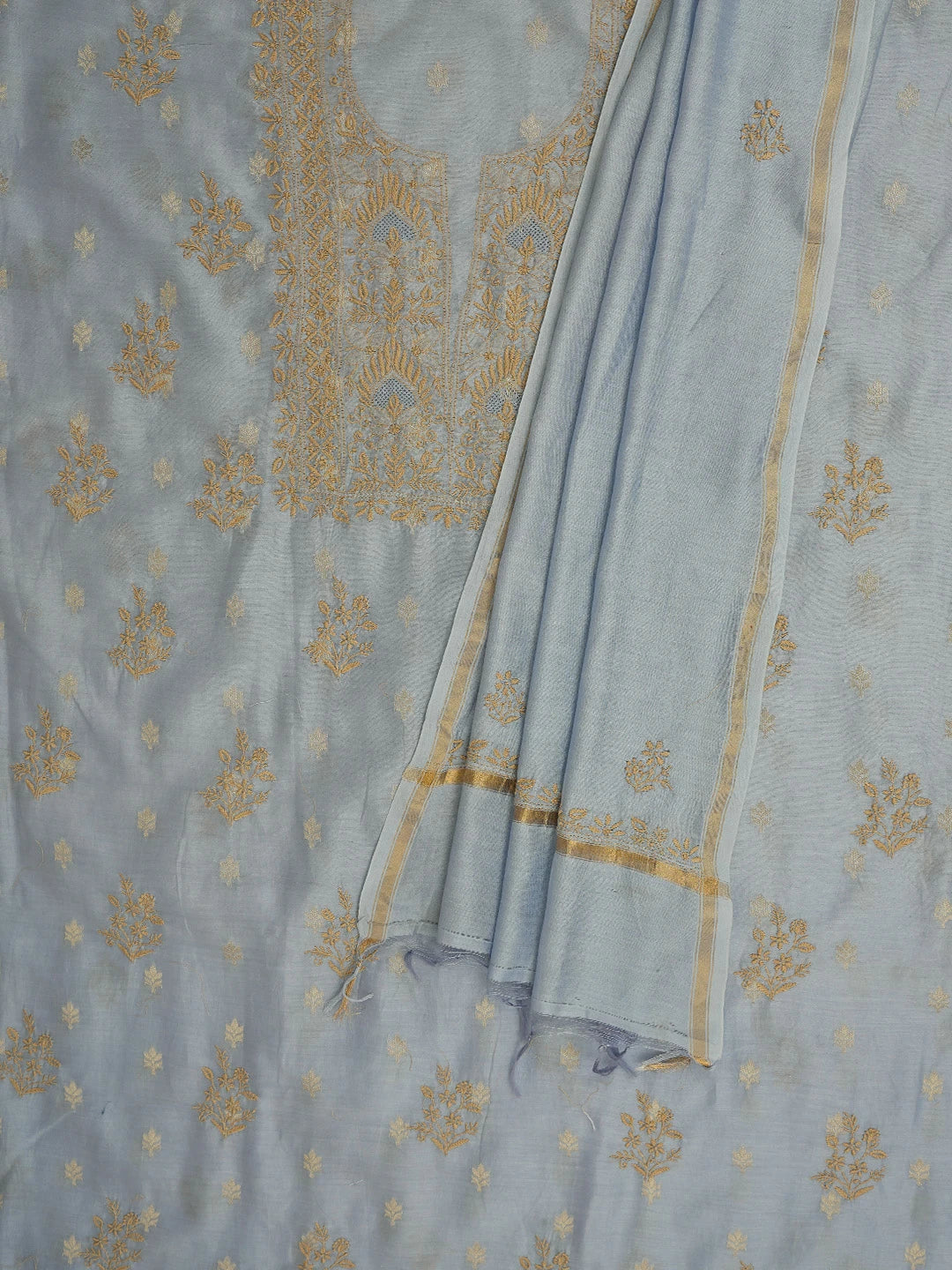 Ada Hand Embroidered Vista Blue Chanderi Lucknowi Chikankari Unstitched Kurta Dupatta Set 01A729066