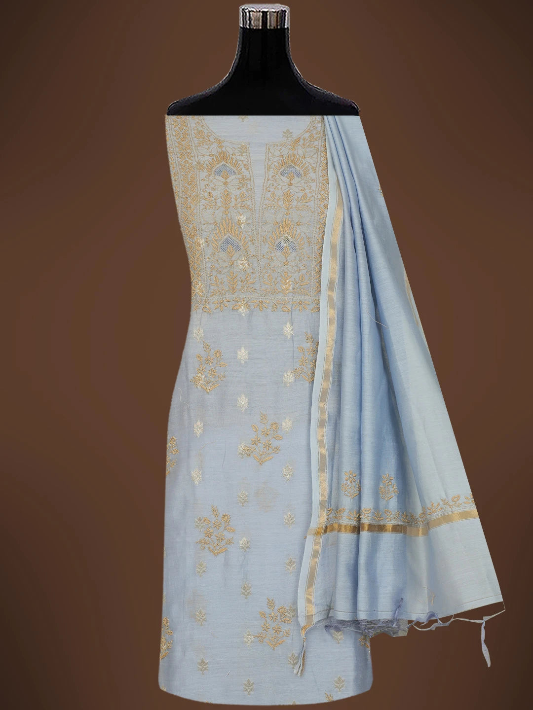 Ada Hand Embroidered Vista Blue Chanderi Lucknowi Chikankari Unstitched Kurta Dupatta Set 01A729066