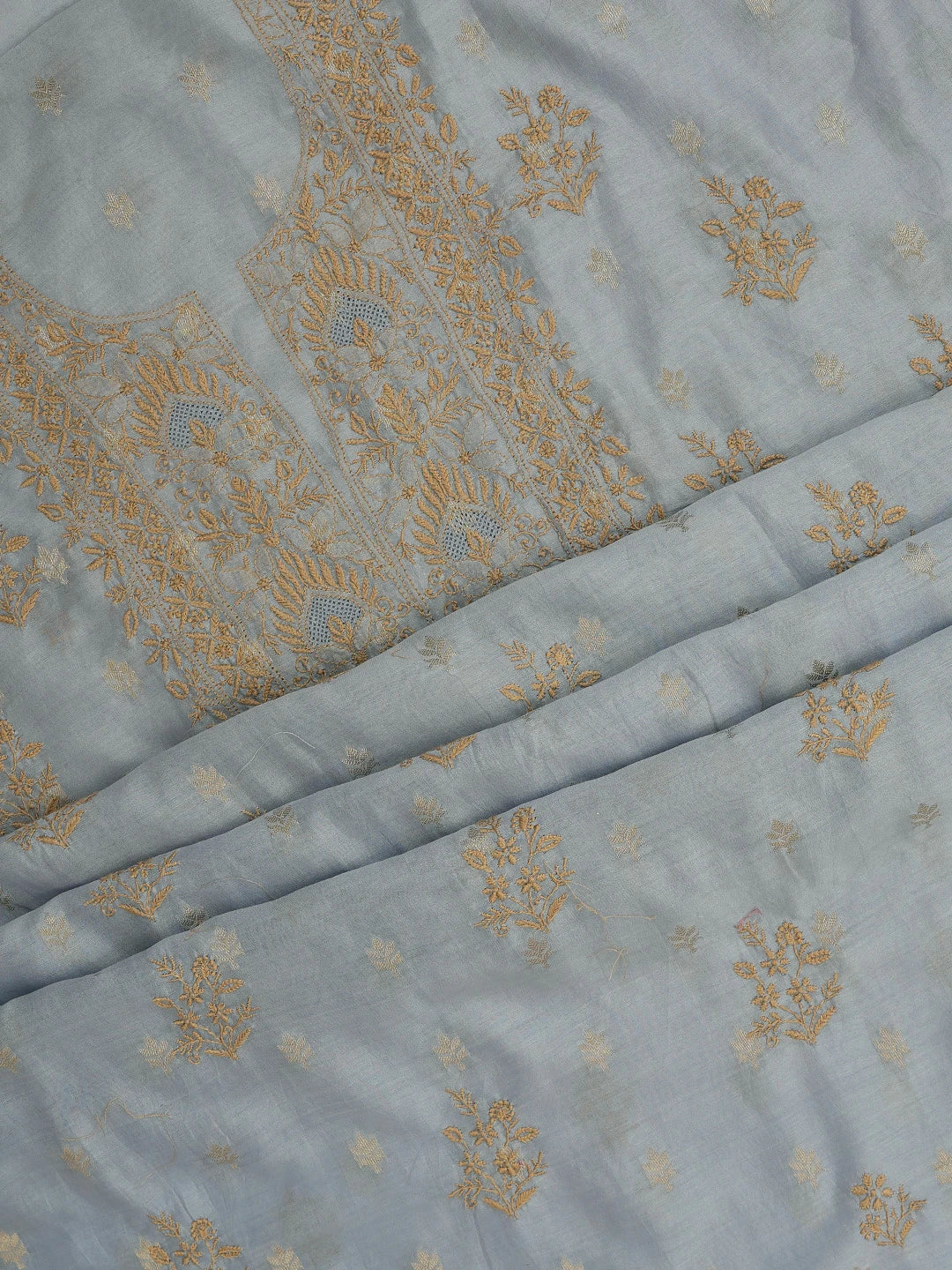 Ada Hand Embroidered Vista Blue Chanderi Lucknowi Chikankari Unstitched Kurta Dupatta Set 01A729066