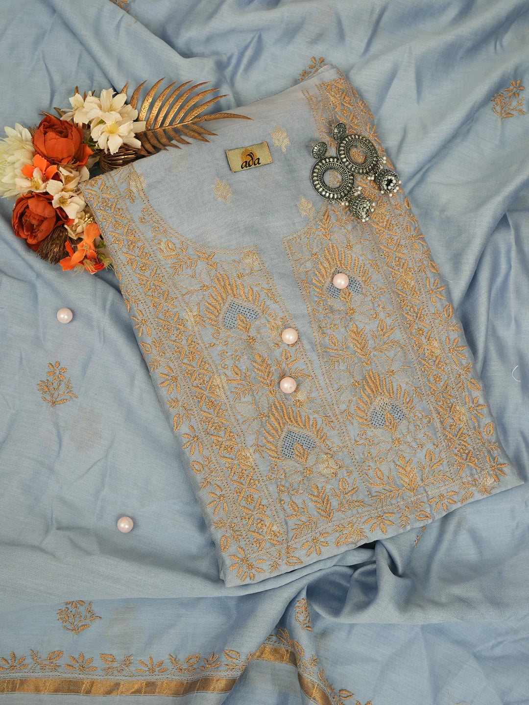 Ada Hand Embroidered Vista Blue Chanderi Lucknowi Chikankari Unstitched Kurta Dupatta Set 01A729066