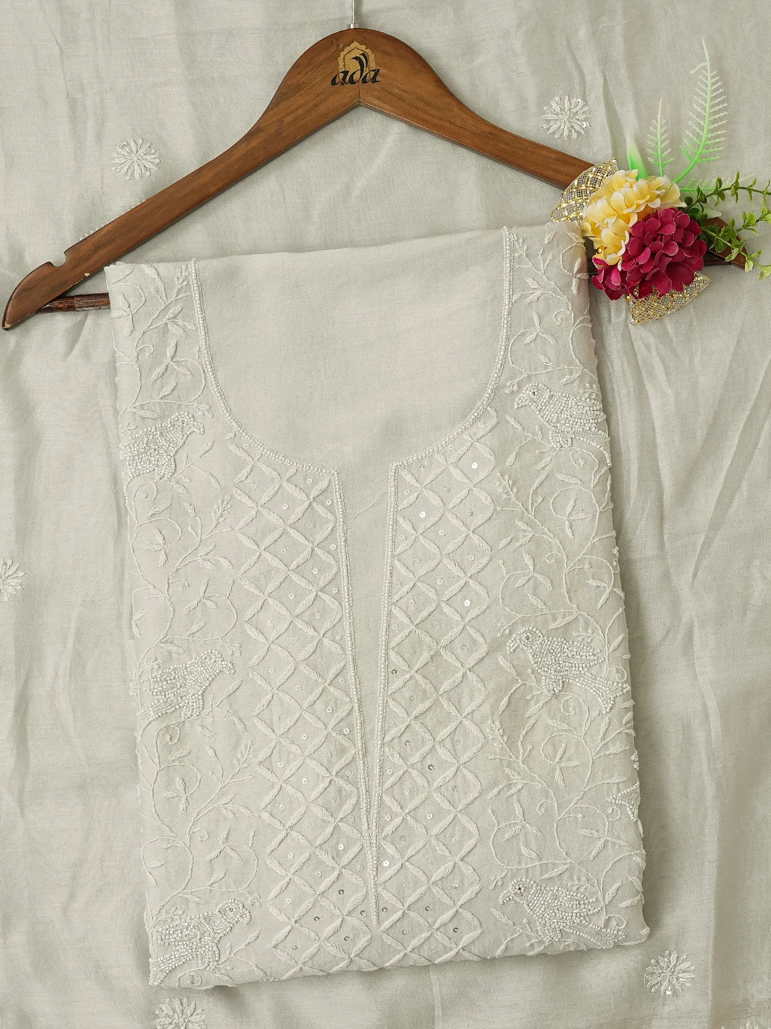 Ada Hand Embroidered Ash Grey Chanderi Lucknowi Chikankari Unstitched Kurta Dupatta Set With Cutdana Work 01A552429