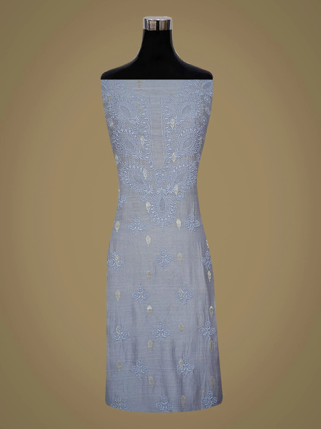 Ada Hand Embroidered Glaucous Blue Chanderi Lucknowi Chikankari Unstitched Kurta Dupatta Set With Zari Work 01A727780