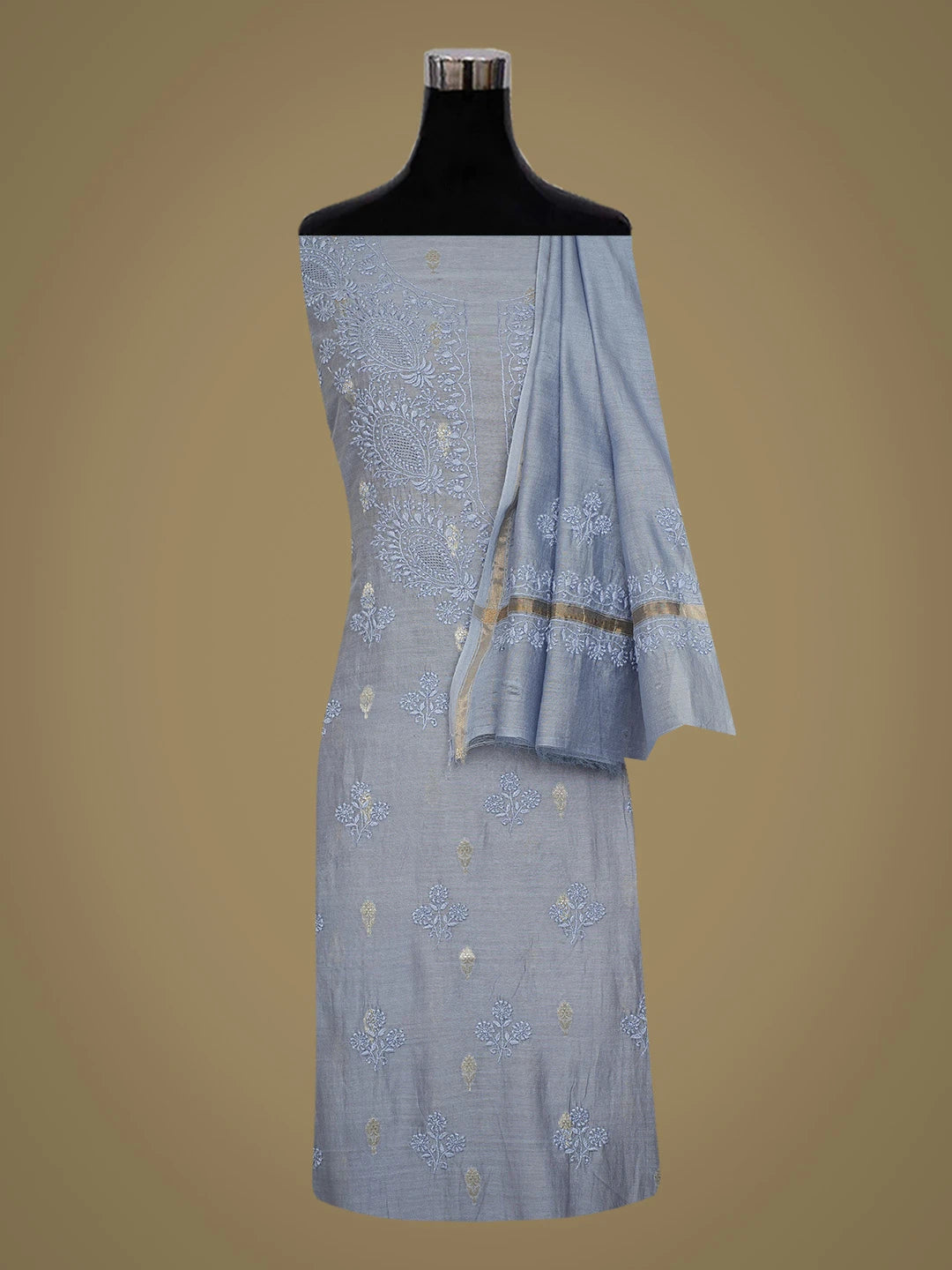 Ada Hand Embroidered Glaucous Blue Chanderi Lucknowi Chikankari Unstitched Kurta Dupatta Set With Zari Work 01A727780