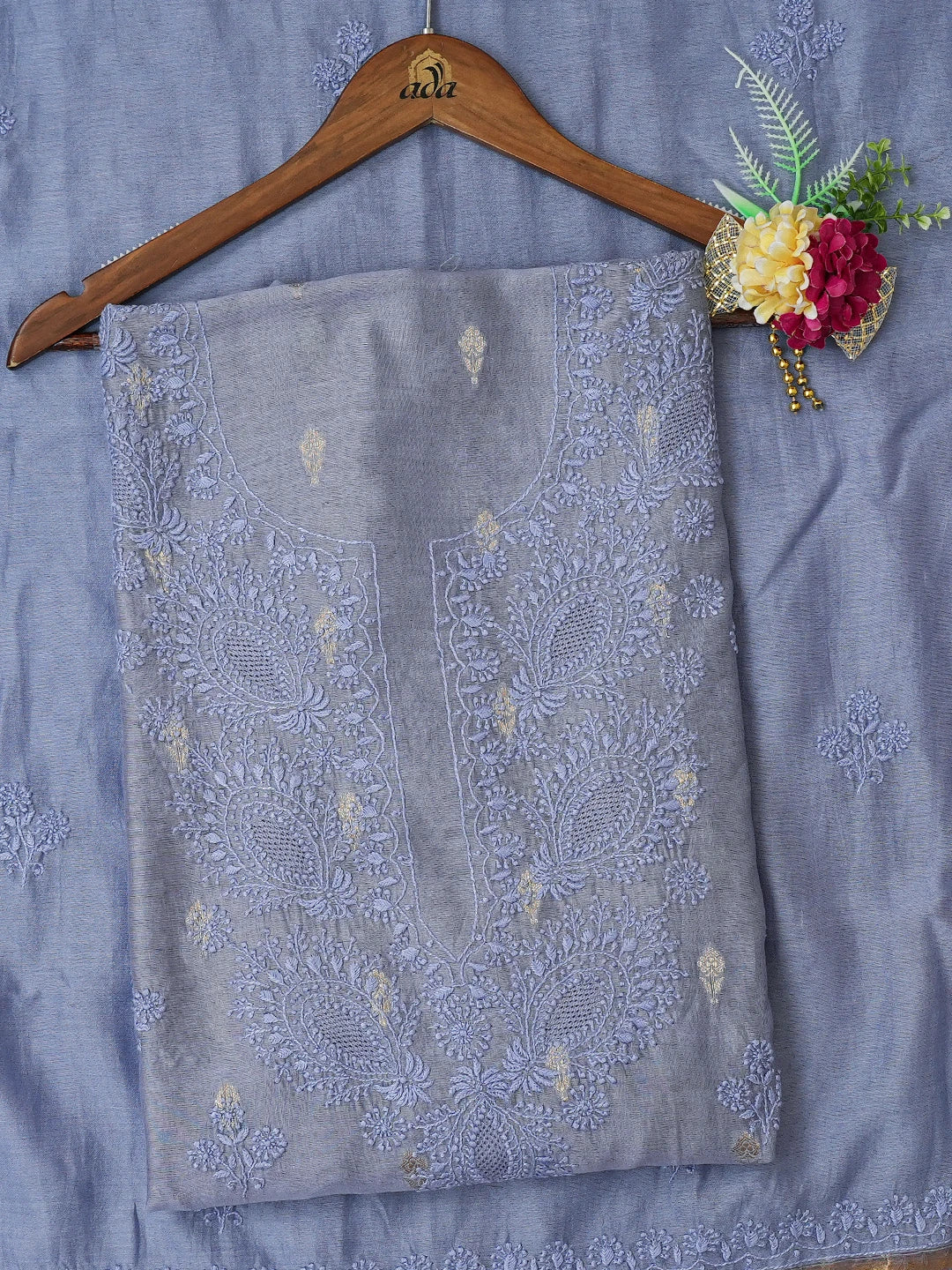 Ada Hand Embroidered Glaucous Blue Chanderi Lucknowi Chikankari Unstitched Kurta Dupatta Set With Zari Work 01A727780