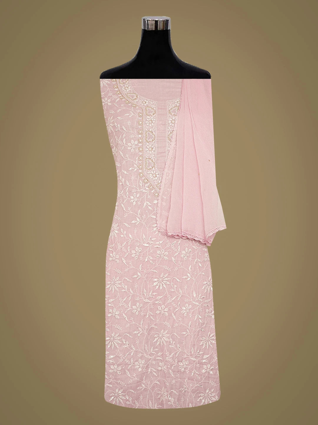 Ada Hand Embroidered Dusty Pink Cotton Lucknowi Chikankari Unstitched Suit Piece With Cutdana Work 01A676391