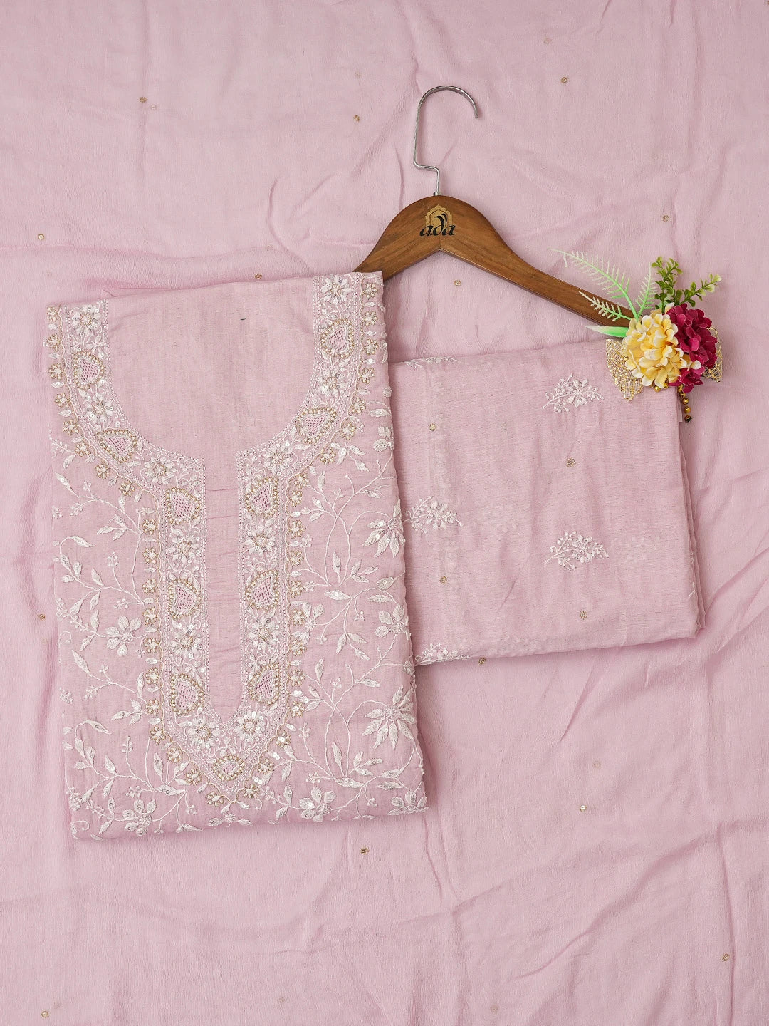 Ada Hand Embroidered Dusty Pink Cotton Lucknowi Chikankari Unstitched Suit Piece With Cutdana Work 01A676391