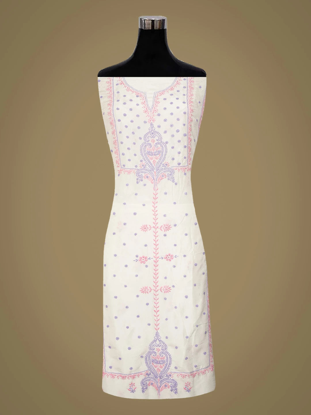 Ada Hand Embroidered White Silk Lucknowi Chikankari Unstitched Kurta Dupatta Set 01A635574