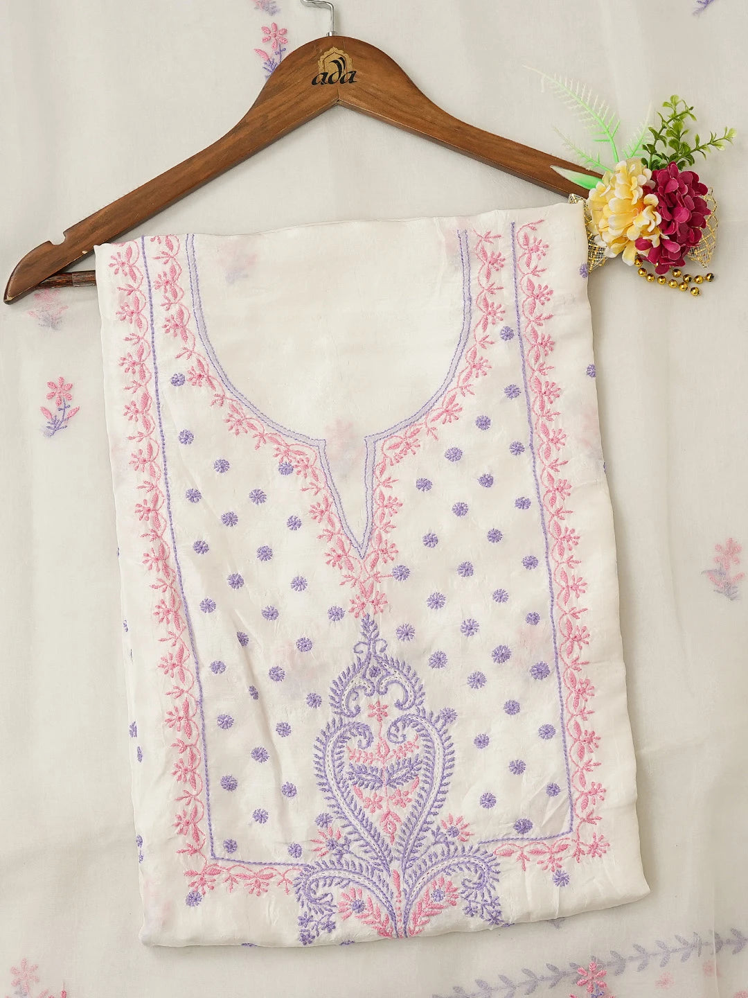 Ada Hand Embroidered White Silk Lucknowi Chikankari Unstitched Kurta Dupatta Set 01A635574